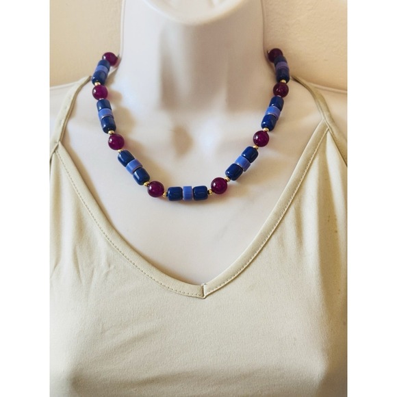 Trifari Signed Necklace VTG Collar RETRO Blue Purple Lucite Beaded 90S Gold 18" - Picture 3 of 7